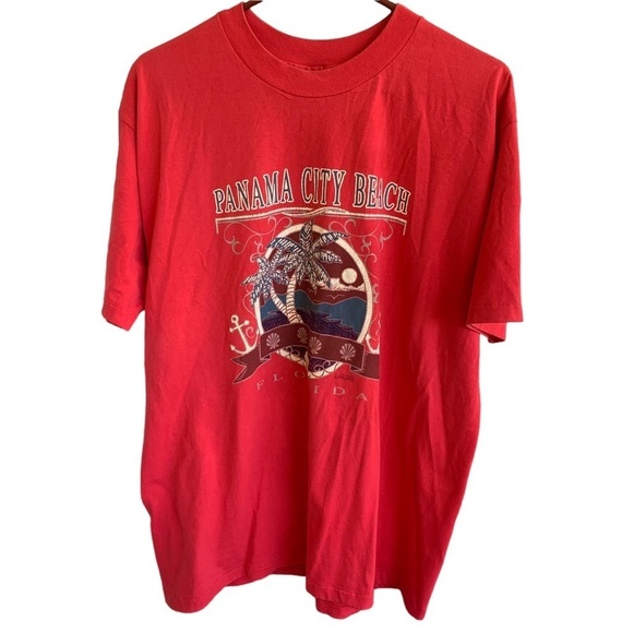 Vintage Tee Shirt Panama City Beach Florida Adult Sz XL Red 90s Anchor Palm Tree - Picture 1 of 5